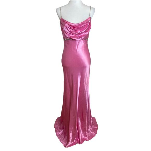 Vintage Cache Pink Y2K Satin Long Bias Cut Prom Slip Dress Gown Rhinestone Sz 6 - Picture 1 of 12